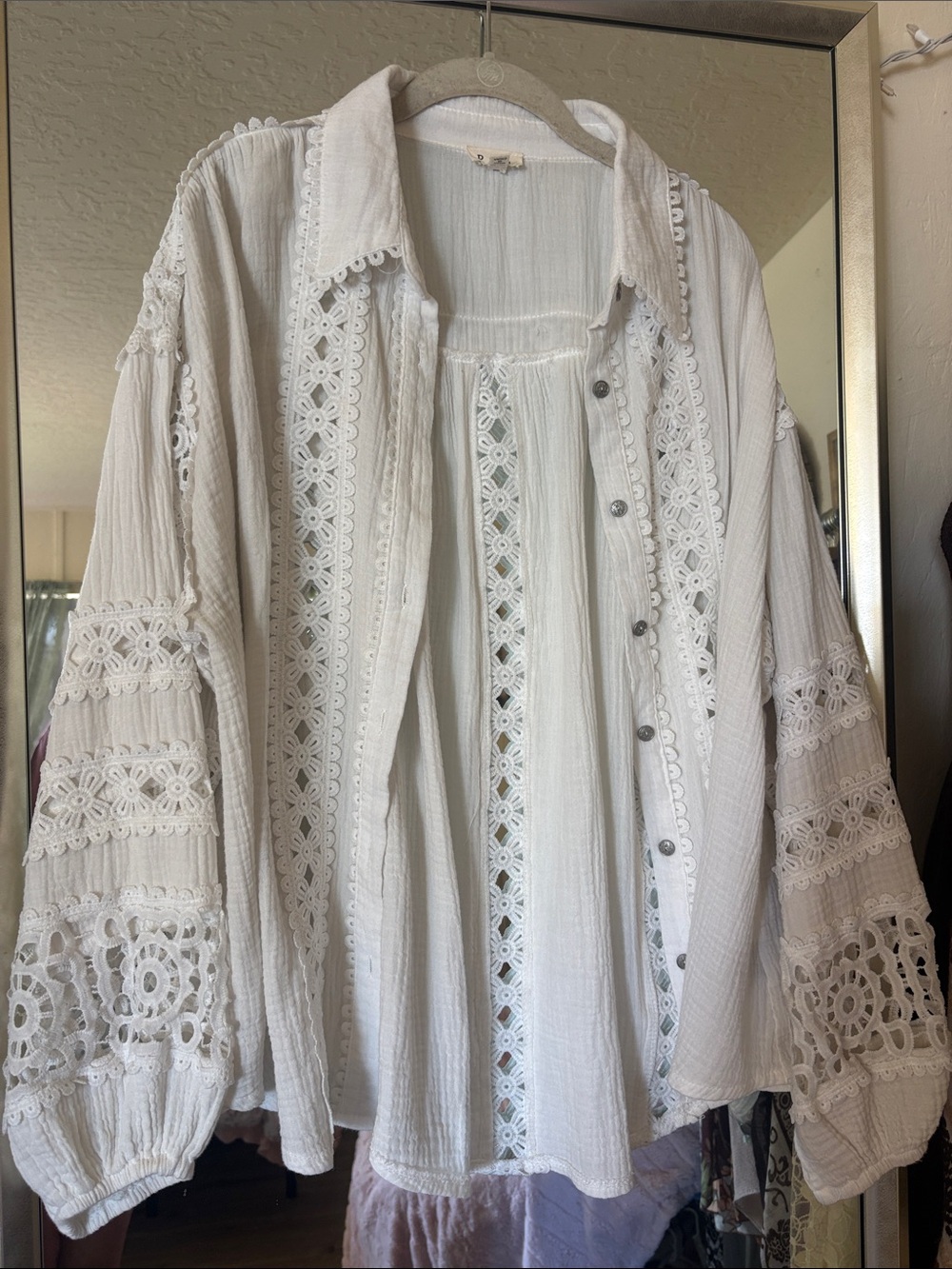 Boho White Lace-Trim Button Down Blouse